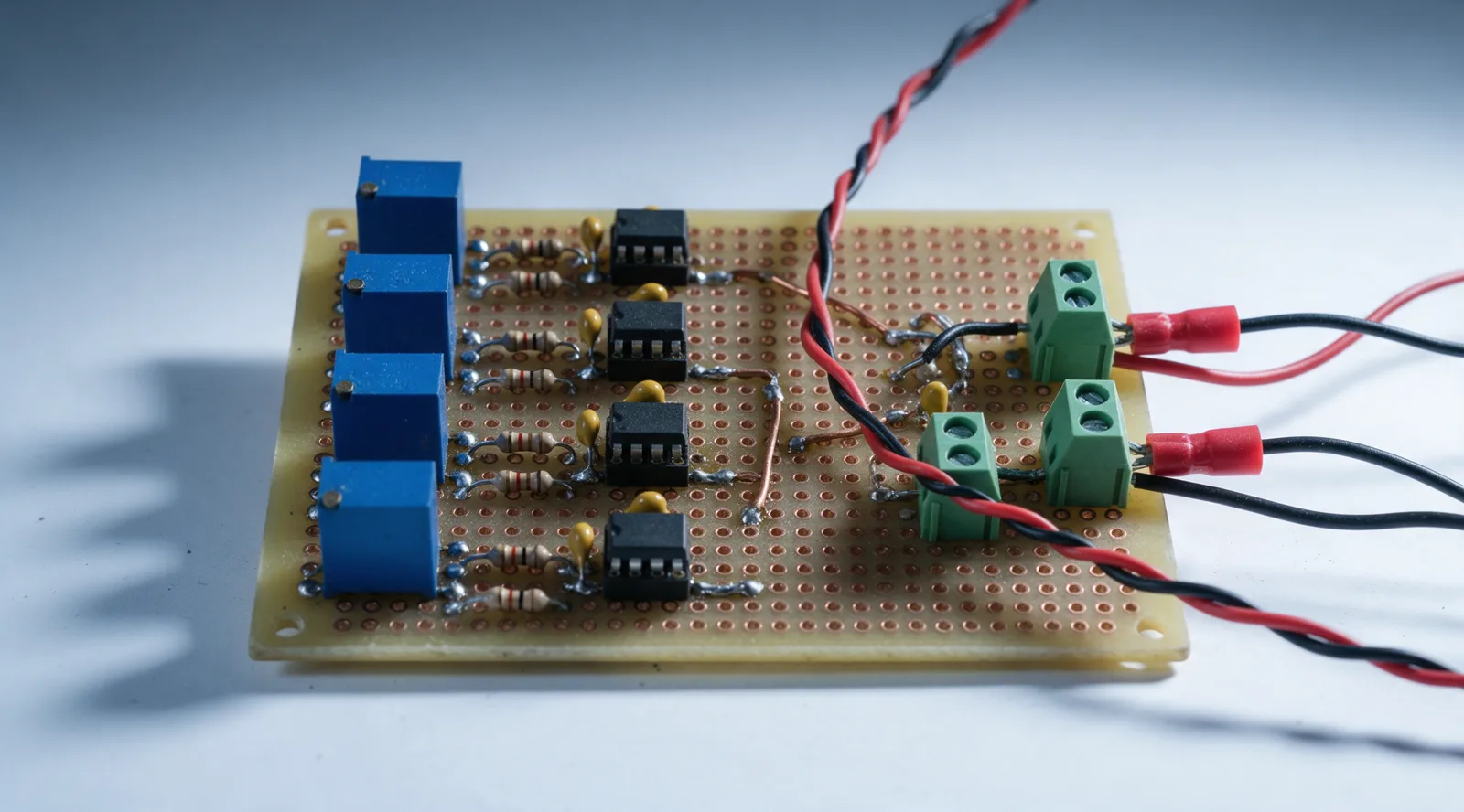 Generated image of a hand-soldered perfboard with four blue Hall-effect current sensors, resistor dividers, op-amp buffers and green screw terminals with red and black wires.