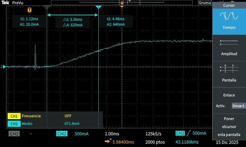 Tektronix capture of the locked-rotor current step with cursors 3.36 ms apart.