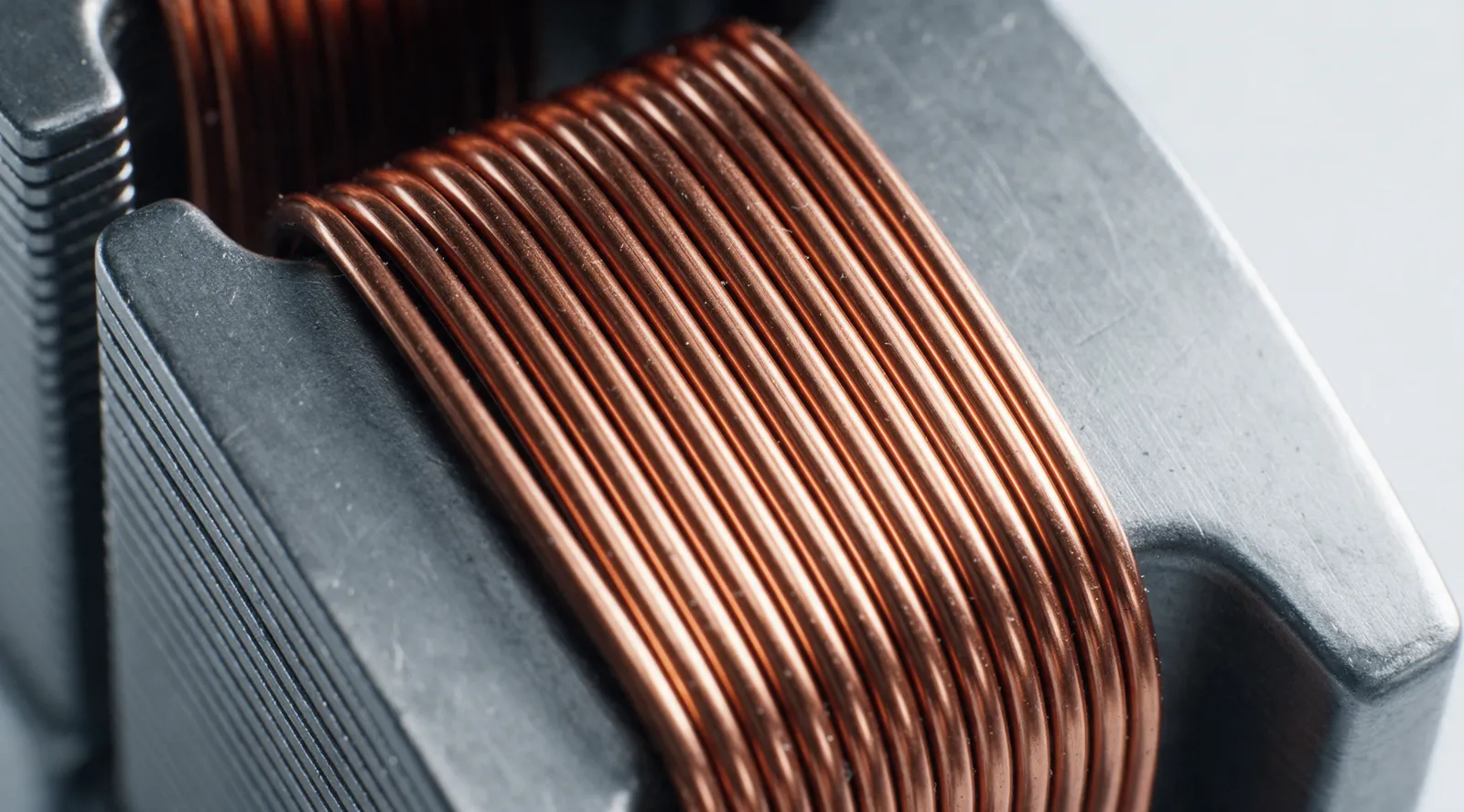 Generated close-up of copper enamel wire wound on a laminated stator tooth.
